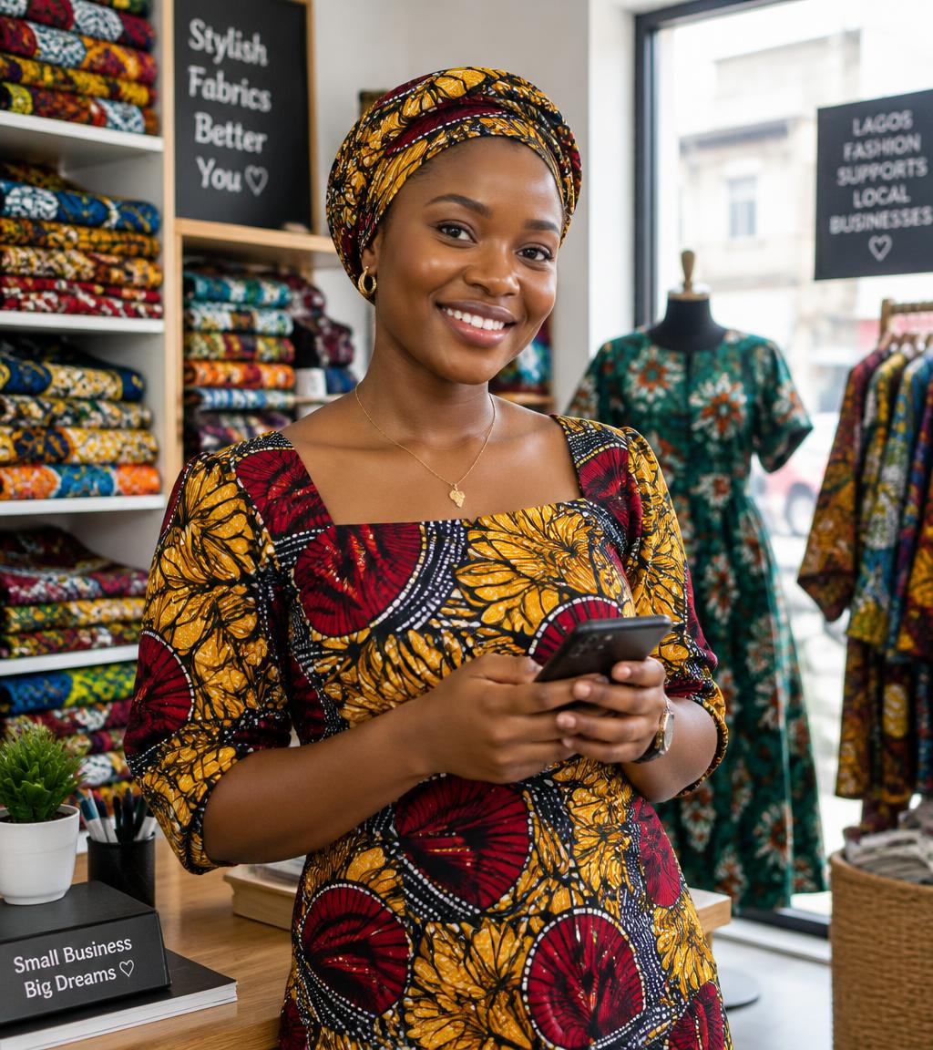 Nigerian shop owner checking orders on her phone
